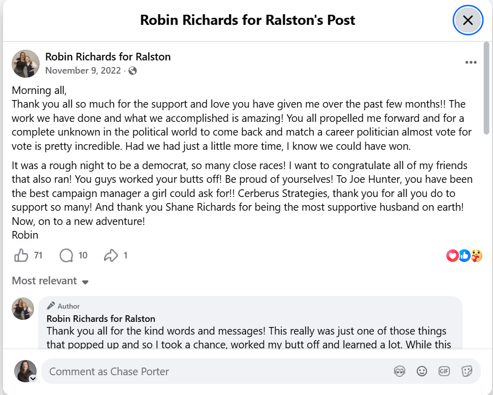 A screenshot of a November 9, 2022, Facebook post from the Robin Richards for Ralston campaign.