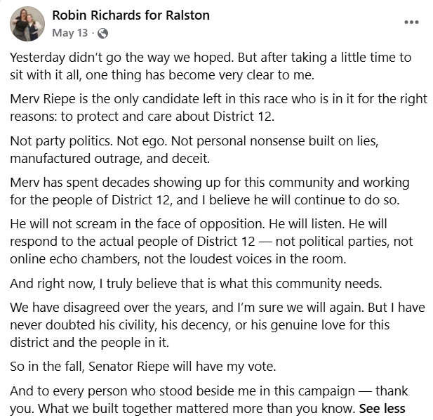 A screenshot of a May 13, 2026, Facebook post from the Robin Richards for Ralston campaign.