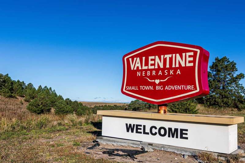A sign welcomes visitors to Valentine, Nebraska