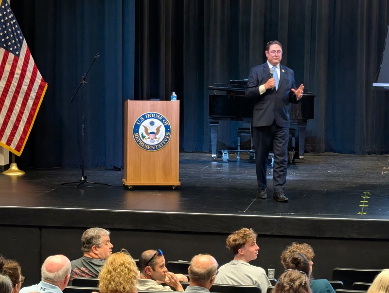 Nebraska 1st District Rep. Mike Flood addresses the crowd during a public town hall event hosted in Bellevue, Nebraska, on Tuesday, June 7, 2026. | Photo: Chase Porter/Courier Nebraska