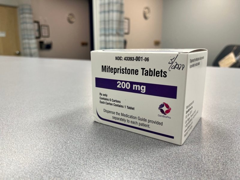 Mifepristone, a common abortion-inducing medication, sits on a counter in Planned Parenthood’s Omaha Health Center. (Erin Bamer, Nebraska Examiner)