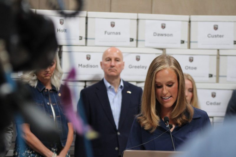 Former Dunbar state Sen. Julie Slama speaking at the Capitol about the Fairness for Girls’ ballot measure on June 30, 2026. (Juan Salinas II/Nebraska Examiner)