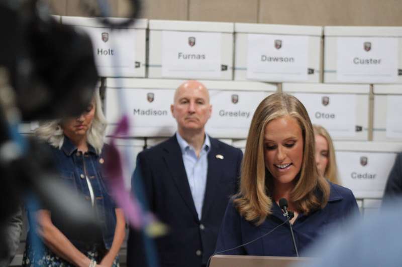 Former Dunbar state Sen. Julie Slama speaking at the Capitol about the Fairness for Girls’ ballot measure on June 30, 2026. (Juan Salinas II/Nebraska Examiner)