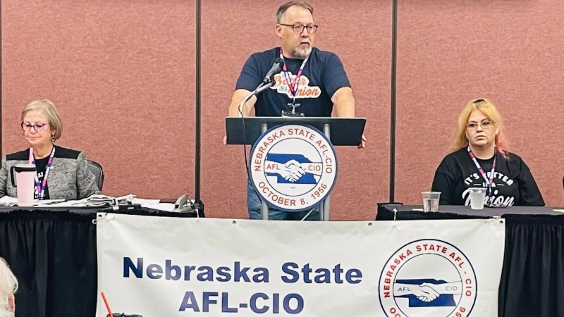 Mike Gage, President and Secretary/Treasurer of the Nebraska State AFL-CIO, speaks at the group's Biennial Constitutional Convention in September 2025. (Photo: Nebraska State AFL-CIO's Facebook Page)