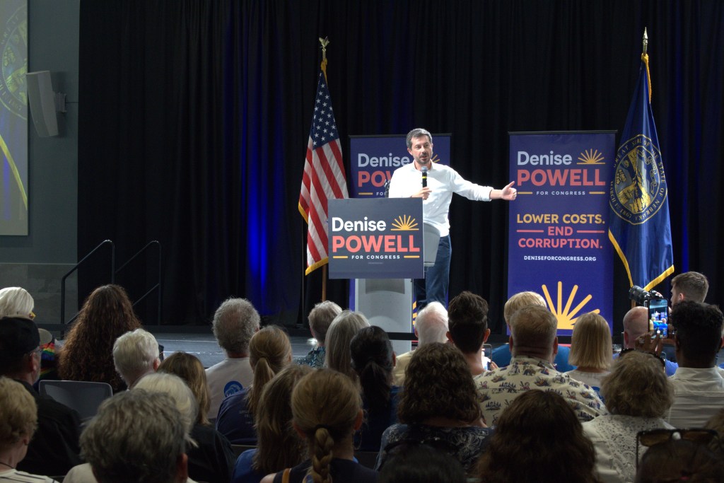 Pete Buttigieg, former US Secretary of Transportation, speaks at a rally for NE-02 candidate Denise Powell (D) Tuesday, July 14, 2026, in Omaha, Nebraska. | Photo: Chase Porter/Courier Nebraska
