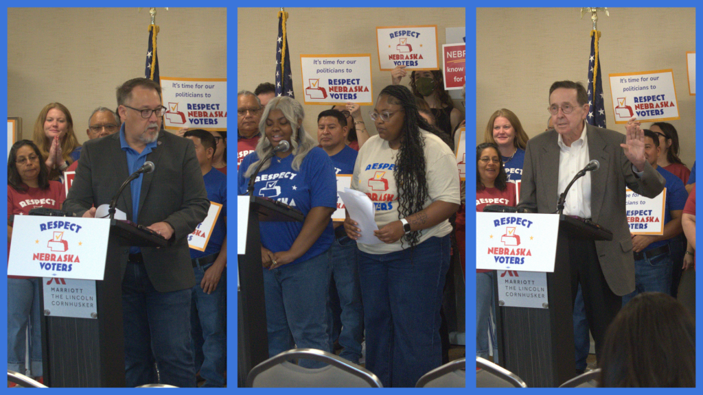 Supporters of the Respect Nebraska Voters ballot measure speak Thursday, July 2, 2026, during a press conference announcing the campaigns total amount of collected signatures. Left to right: Mike Gage, Nebraska ALF-CIO President, Omaha teens Tayviana Robinson and Tamiyah Wright, Former Nebraska State Senator Al Davis. | Photos: Chase Porter/Courier Nebraska