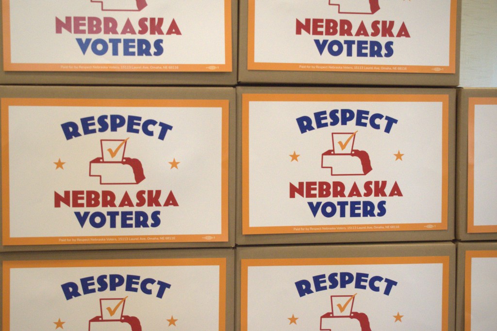 Boxes of signatures collected by the Respect Nebraska Voters ballot campaign await turn-in. | July 2, 2026 | Photo: Chase Porter/Courier Nebraska