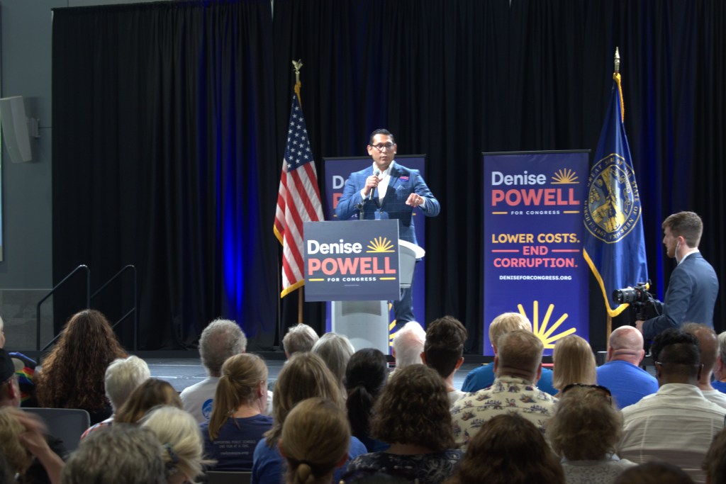 Tony Vargas, former state Senator and candidate for Douglas County Treasurer, speaks at a rally for NE-02 candidate Denise Powell (D) Tuesday, July 14, 2026, in Omaha, Nebraska. | Photo: Chase Porter/Courier Nebraska