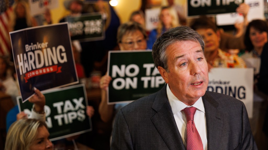 Brinker Harding, Republican candidate for Nebraska's second congressional district, speaks with reporters during a campaign event with U.S. House Speaker Mike Johnson of Louisiana in Omaha, Neb. on Saturday, July 18, 2026.(Nikos Frazier/Omaha World-Herald via Getty Images)