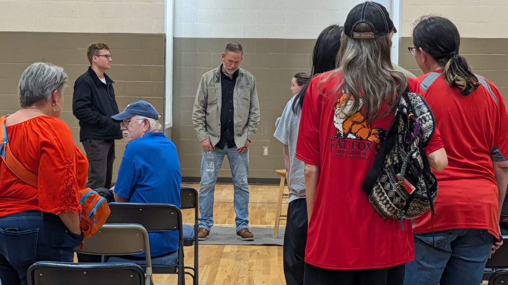 Dan Osborn, Independent candidate for US Senate in Nebraska, listens to residents of Red Cloud following a public town hall on Oct. 1, 2026. Osborn hosted the town hall after leaked audio featured the Senate hopeful using crude language to describe rural voters who back Republican candidates like President Donald Trump. | Photo: Chase Porter/Courier Nebraska