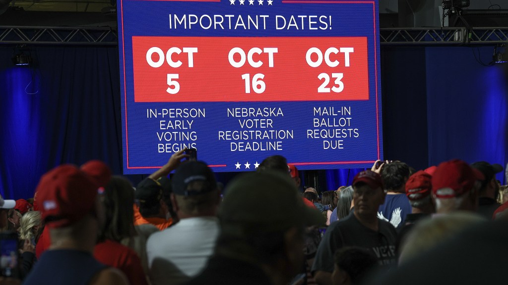 Guests await the arrival of U.S. President Donald Trump at a campaign rally at Pinnacle Bank Expo Center on the Nebraska State Fairgrounds on October 05, 2026 in Grand Island, Nebraska. (Photo by Win McNamee/Getty Images)